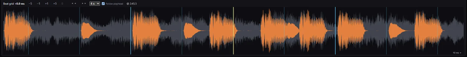 Zoomed waveform with beat grid lines and slip controls.