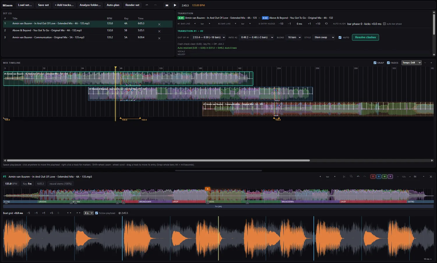 Full Mixdis window: set list, transition controls, mix timeline and a zoomed waveform.