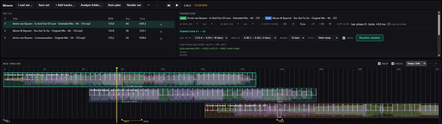 The mix timeline with two tracks overlapping across a transition, with per-stem fades drawn.